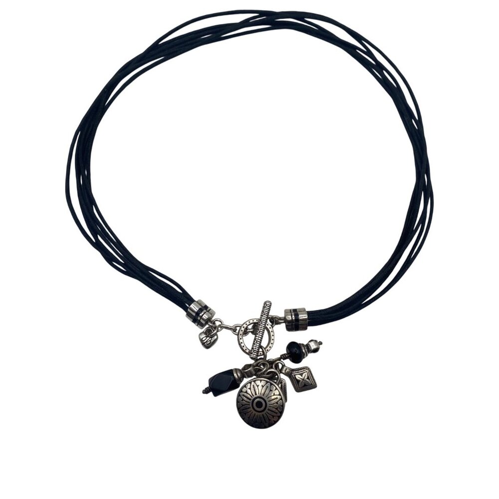 Signed Brighton Black Cord Necklace Multi Silver Plated Charms Toggle Clasp 17"